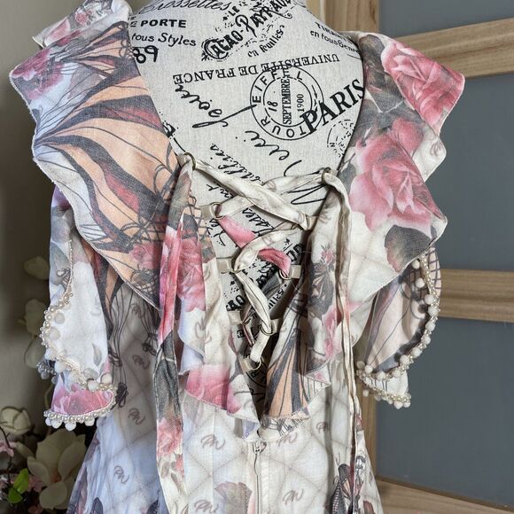 Perfect Way Floral Romantic Mini Dress Elegant W/Pearly Beads Woman Size M - Picture 9 of 12